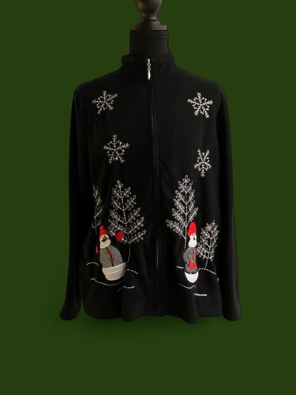 Black Holiday Zip-Front Jacket with Snowman Embroidery